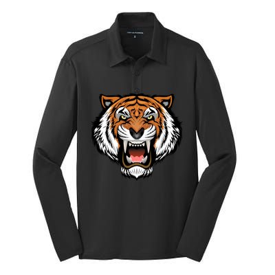 Growling Mouth Open Bengal Tiger Silk Touch Performance Long Sleeve Polo