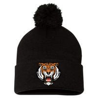 Growling Mouth Open Bengal Tiger Pom Pom 12in Knit Beanie