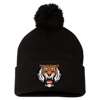 Growling Mouth Open Bengal Tiger Pom Pom 12in Knit Beanie