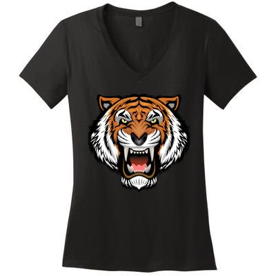 Growling Mouth Open Bengal Tiger Women's V-Neck T-Shirt