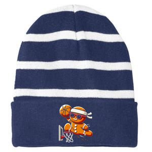 Gingerbread Man Playing Basketball Dunking Christmas Xmas Striped Beanie with Solid Band