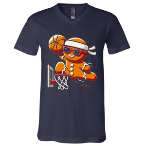 Gingerbread Man Playing Basketball Dunking Christmas Xmas V-Neck T-Shirt