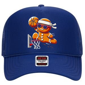 Gingerbread Man Playing Basketball Dunking Christmas Xmas High Crown Mesh Back Trucker Hat