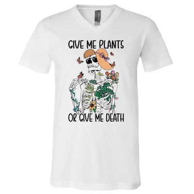 Give Me Plants Or Give Me Death Funny Halloween Skeleton V-Neck T-Shirt