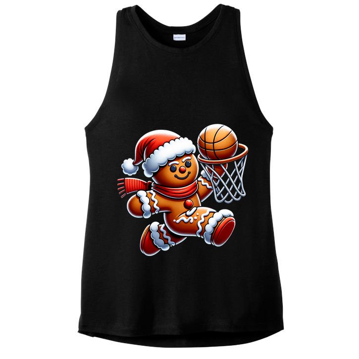 Gingerbread Man Playing Basketball Christmas Xmas Ladies PosiCharge Tri-Blend Wicking Tank