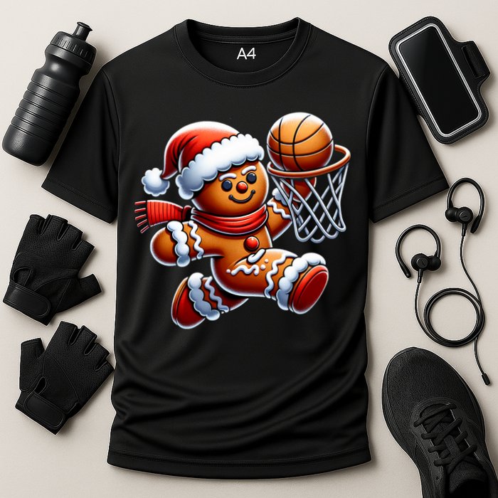 Gingerbread Man Playing Basketball Christmas Xmas Cooling Performance Crew T-Shirt