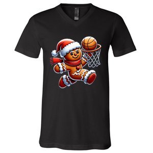 Gingerbread Man Playing Basketball Christmas Xmas V-Neck T-Shirt