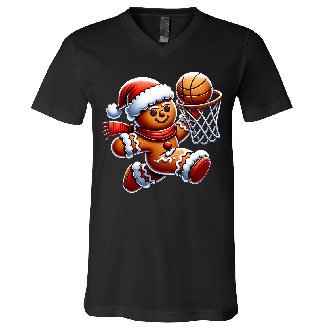 Gingerbread Man Playing Basketball Christmas Xmas V-Neck T-Shirt