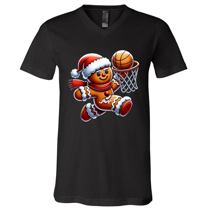 Gingerbread Man Playing Basketball Christmas Xmas V-Neck T-Shirt