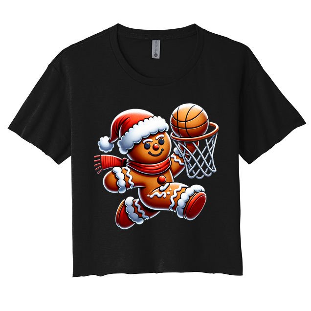 Gingerbread Man Playing Basketball Christmas Xmas Women's Crop Top Tee