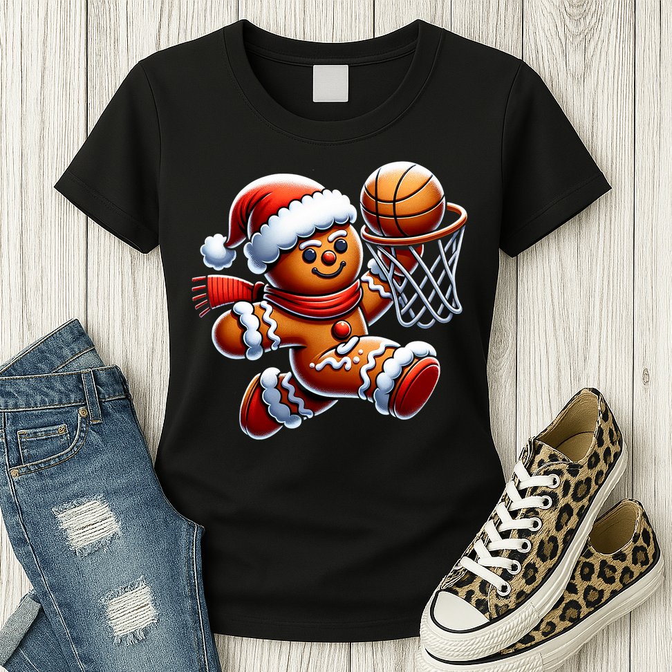 Gingerbread Man Playing Basketball Christmas Xmas Womens T-Shirt