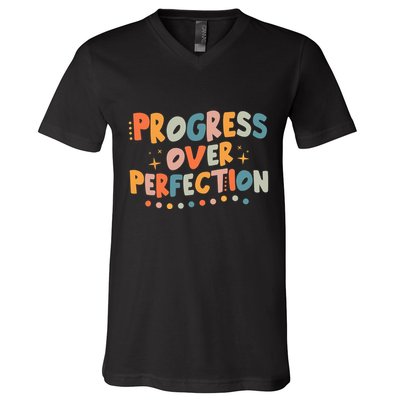 Growth Mindset Progress Over Perfection Back To School Retro V-Neck T-Shirt