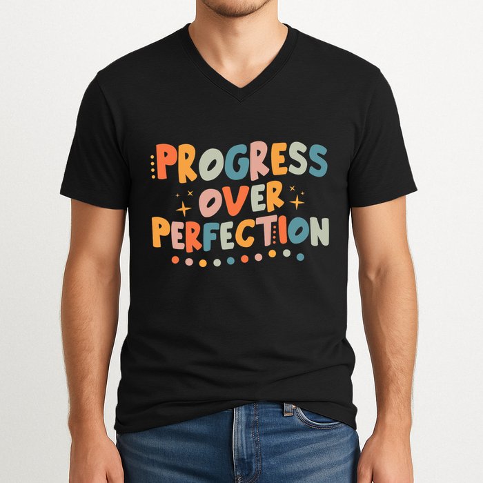 Growth Mindset Progress Over Perfection Back To School Retro V-Neck T-Shirt