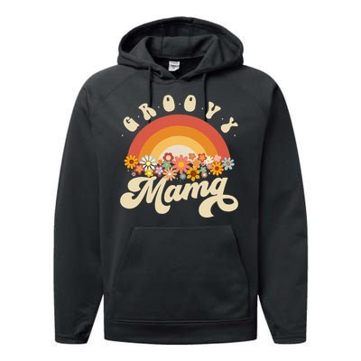 Groovy Mama Retro Rainbow Flowers Performance Fleece Hoodie