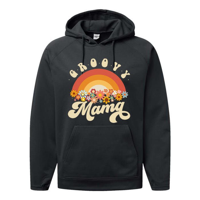 Groovy Mama Retro Rainbow Flowers Performance Fleece Hoodie