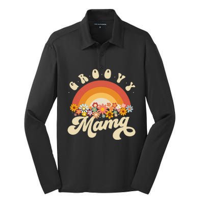 Groovy Mama Retro Rainbow Flowers Silk Touch Performance Long Sleeve Polo