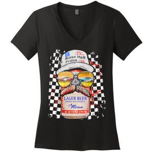 Graphic Motorsport Retro 90s Racing Retro Drinking Beer Women's V-Neck T-Shirt