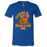 Gobble Me Swallow Me Funny Thanksgiving Turkey Design V-Neck T-Shirt