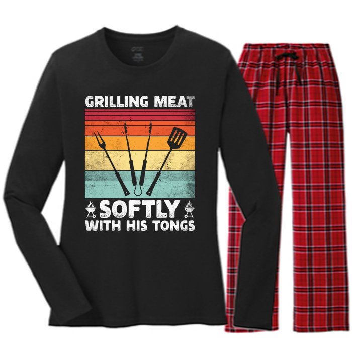 Grilling Meat Softly With His Tongs Funny Grilling Bbq Quote Women's Long Sleeve Flannel Pajama Set 