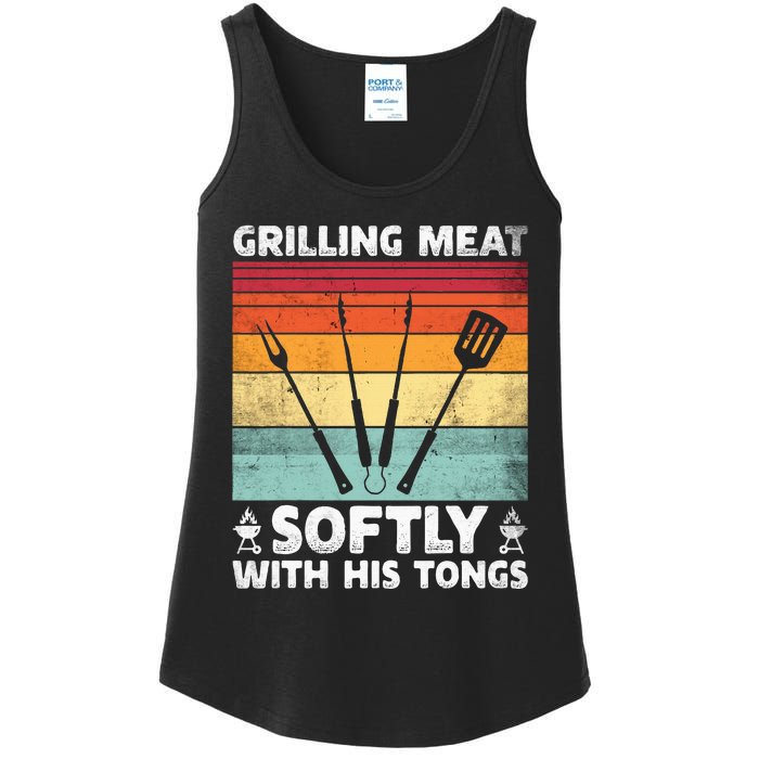 Grilling Meat Softly With His Tongs Funny Grilling Bbq Quote Ladies Essential Tank