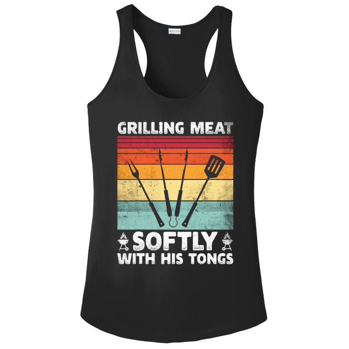 Grilling Meat Softly With His Tongs Funny Grilling Bbq Quote Ladies PosiCharge Competitor Racerback Tank