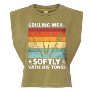 Grilling Meat Softly With His Tongs Funny Grilling Bbq Quote Garment-Dyed Women's Muscle Tee