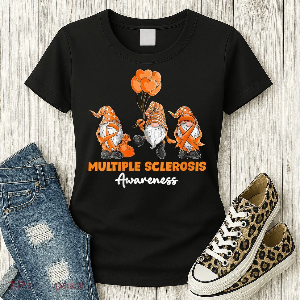 Gnomes Multiple Sclerosis Awareness Orange Ribbon Womens T-Shirt