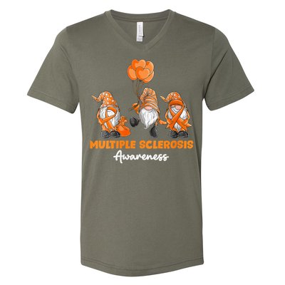 Gnomes Multiple Sclerosis Awareness Orange Ribbon V-Neck T-Shirt