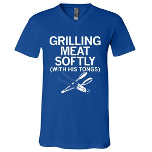 Grilling Meat Softly With His Tongs Funny Grilling Bbq Meaningful Gift V-Neck T-Shirt