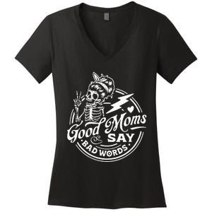 Good Mom Says Bad Words Messy Bun Skull Thanksiving Women's V-Neck T-Shirt