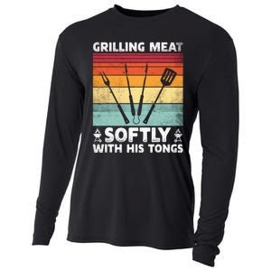 Grilling Meat Softly With His Tongs Funny Grilling Bbq Quote Cooling Performance Long Sleeve Crew