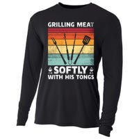 Grilling Meat Softly With His Tongs Funny Grilling Bbq Quote Cooling Performance Long Sleeve Crew