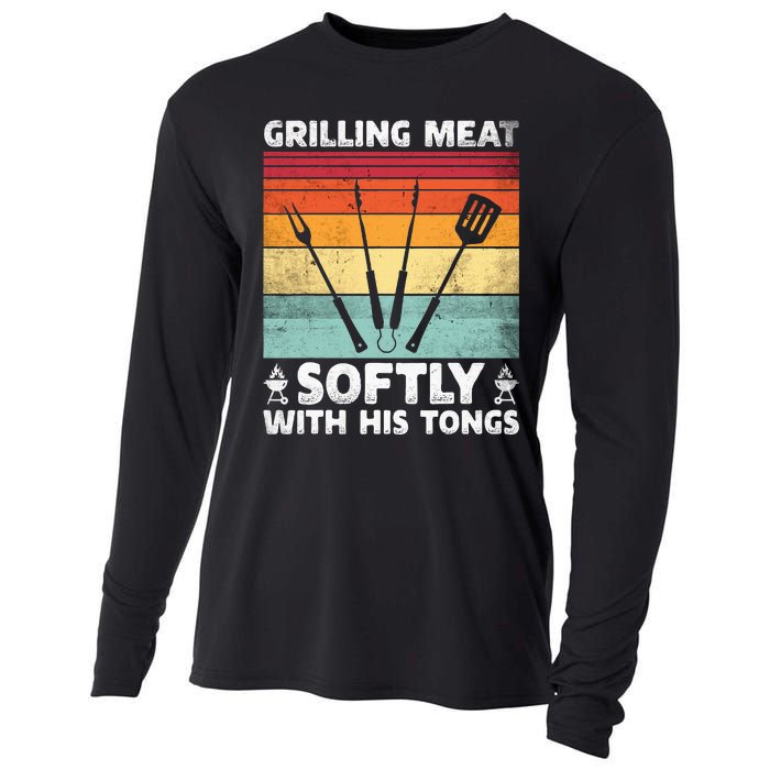 Grilling Meat Softly With His Tongs Funny Grilling Bbq Quote Cooling Performance Long Sleeve Crew