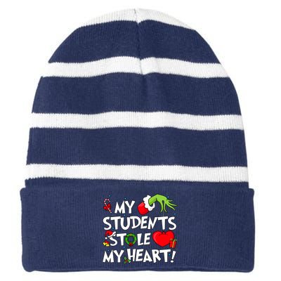 Grinchmas My Student Stole My Heart Christmas Holiday Season Teacher Striped Beanie with Solid Band