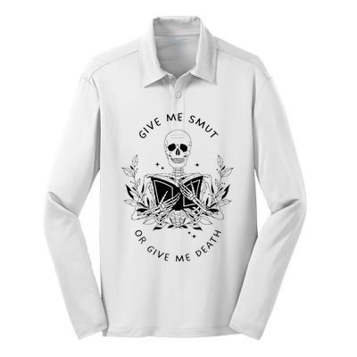 Give Me Smut Or Give Me Death Skeleton Book Lover Silk Touch Performance Long Sleeve Polo