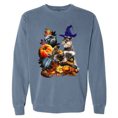 Grey Miniature Schnauzer Witch Hat Spooky Pumpkin Halloween Garment-Dyed Sweatshirt