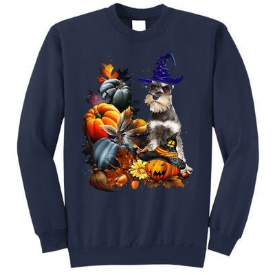 Grey Miniature Schnauzer Witch Hat Spooky Pumpkin Halloween Sweatshirt