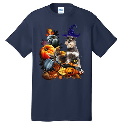 Grey Miniature Schnauzer Witch Hat Spooky Pumpkin Halloween Tall T-Shirt