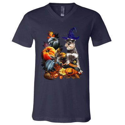 Grey Miniature Schnauzer Witch Hat Spooky Pumpkin Halloween V-Neck T-Shirt