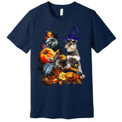 Grey Miniature Schnauzer Witch Hat Spooky Pumpkin Halloween Premium T-Shirt