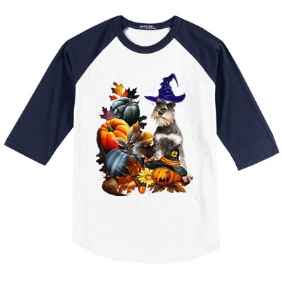 Grey Miniature Schnauzer Witch Hat Spooky Pumpkin Halloween Baseball Sleeve Shirt