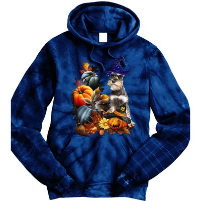 Grey Miniature Schnauzer Witch Hat Spooky Pumpkin Halloween Tie Dye Hoodie