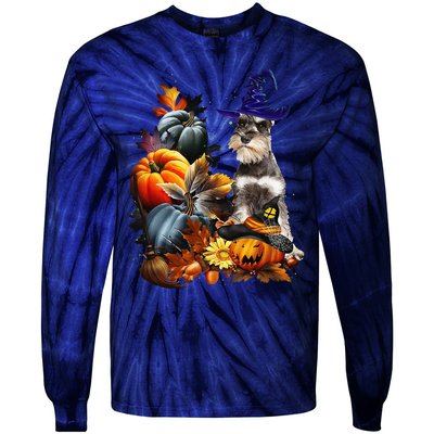 Grey Miniature Schnauzer Witch Hat Spooky Pumpkin Halloween Tie-Dye Long Sleeve Shirt