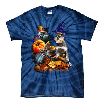 Grey Miniature Schnauzer Witch Hat Spooky Pumpkin Halloween Tie-Dye T-Shirt