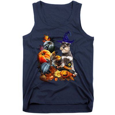 Grey Miniature Schnauzer Witch Hat Spooky Pumpkin Halloween Tank Top