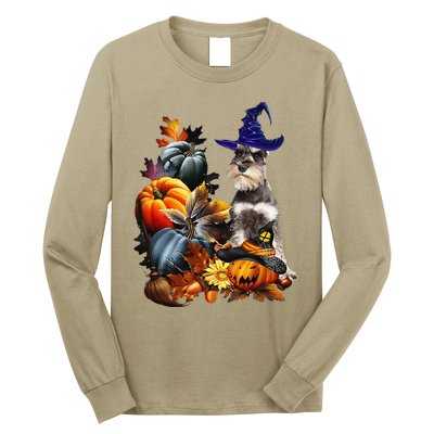 Grey Miniature Schnauzer Witch Hat Spooky Pumpkin Halloween Long Sleeve Shirt