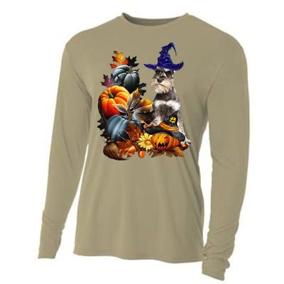 Grey Miniature Schnauzer Witch Hat Spooky Pumpkin Halloween Cooling Performance Long Sleeve Crew