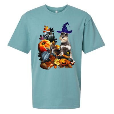 Grey Miniature Schnauzer Witch Hat Spooky Pumpkin Halloween Sueded Cloud Jersey T-Shirt