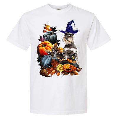 Grey Miniature Schnauzer Witch Hat Spooky Pumpkin Halloween Garment-Dyed Heavyweight T-Shirt