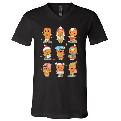 Gingerbread Man Teacher Christmas Reading Book Librarian V-Neck T-Shirt